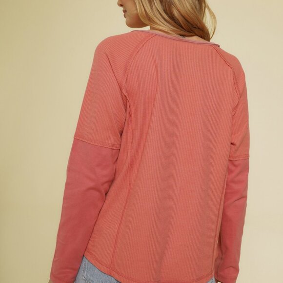 MYSTREE Waffle Knit Thermal Long Sleeve Top, Coral Pink, Casual Cozy Basic - Picture 5 of 7